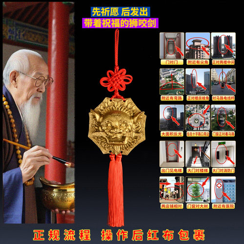 狮咬剑挂件纯铜铜狮子八卦镜虎头门神睚眦吞口兽海神门符大门尖角 - 图0