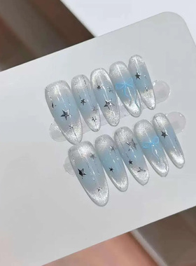 显白冰蓝渐变蝴蝶结猫眼半手工穿戴甲可拆卸高级感美甲贴片长甲片
