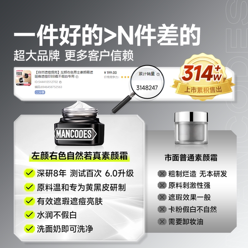 左颜右色素颜霜男士专用修颜bb霜自然遮瑕膏痘印控油粉底液化妆品 - 图3