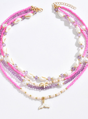 海洋风 多巴胺芭比粉贝壳串珠多层项链配饰套装度假风颈链