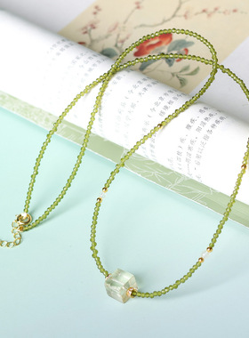 原创黄水晶方糖橄榄绿尖晶小众项链绿水晶叠戴锁骨链清新百搭礼物