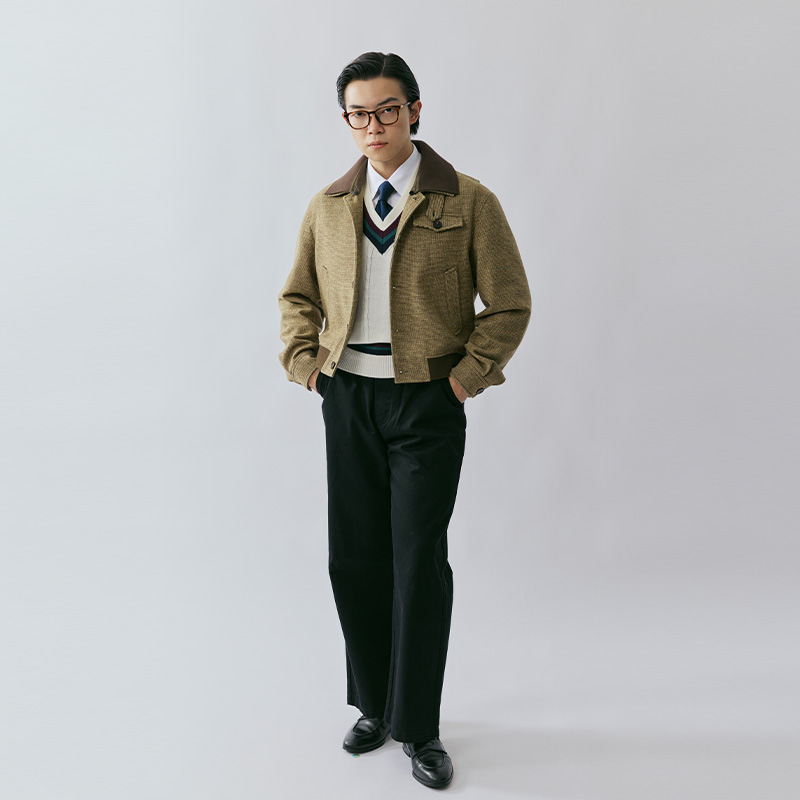 【50%羊毛】平圆方中宽松短款脱卸领粗花呢拼接针织夹克外套男款 - 图3