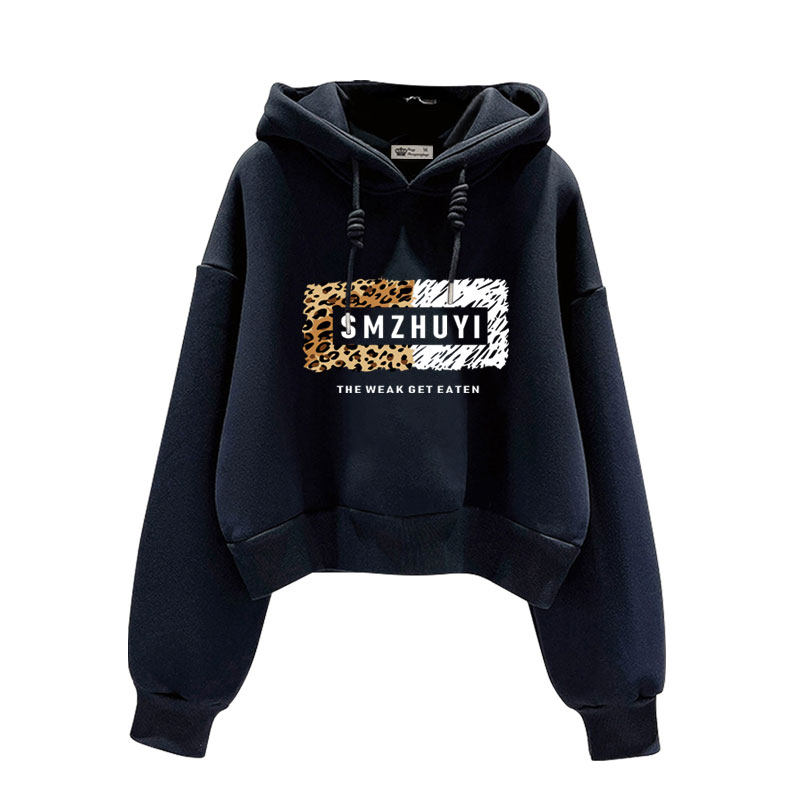 2025春秋冬季新款豹纹字母短款加绒加厚宽松套头黑色连帽卫衣女潮,淘宝优惠券,粉丝福利购,淘宝优惠卷