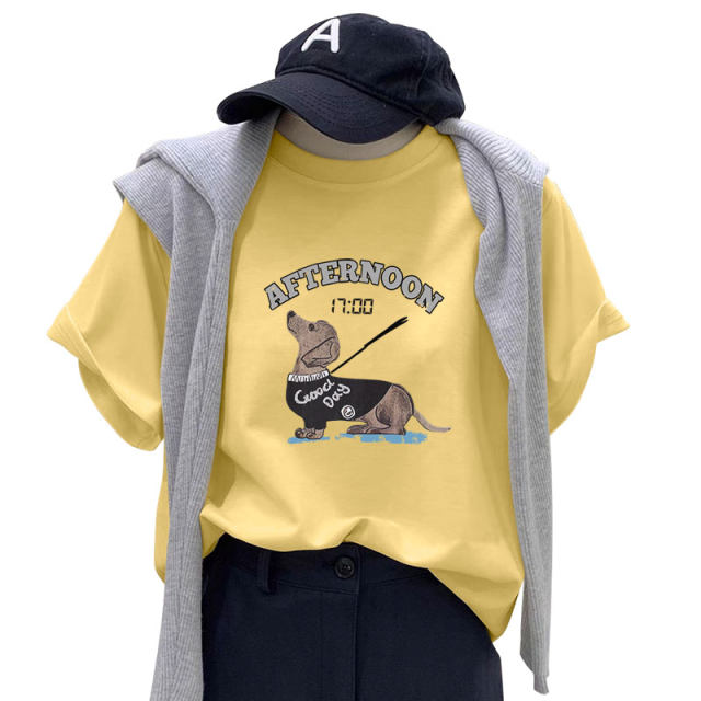 Short sleeve t-shirt women's loose top cartoon printed cotton