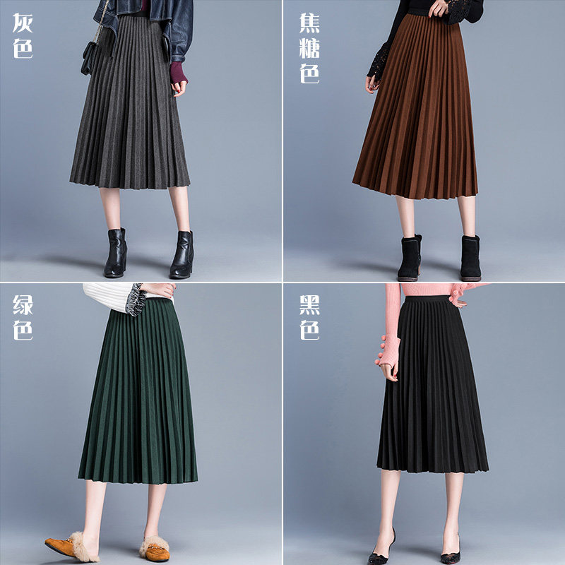 毛呢长裙秋冬2020新款高腰百褶裙 千禧纳半身裙