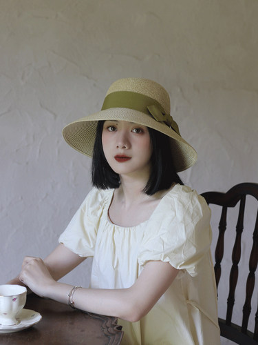 抹茶绿复古圆顶蝴蝶结大檐草帽法式赫本风复古出游遮阳帽女夏季 - 图0
