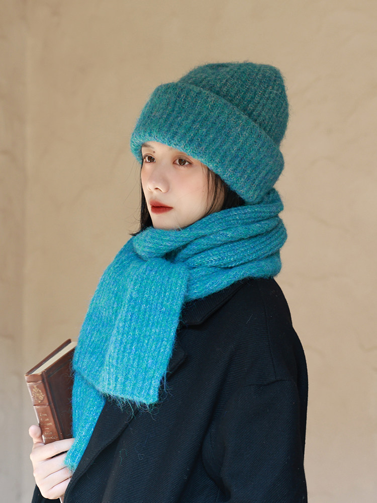 显白湖水蓝二件套帽子围巾冬季保暖宽松大版毛线帽针织保暖围巾女,淘宝优惠券,粉丝福利购,淘宝优惠卷