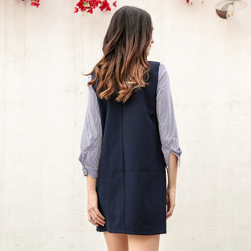 简朵春季新品百搭学院风v领连衣裙 简朵连衣裙