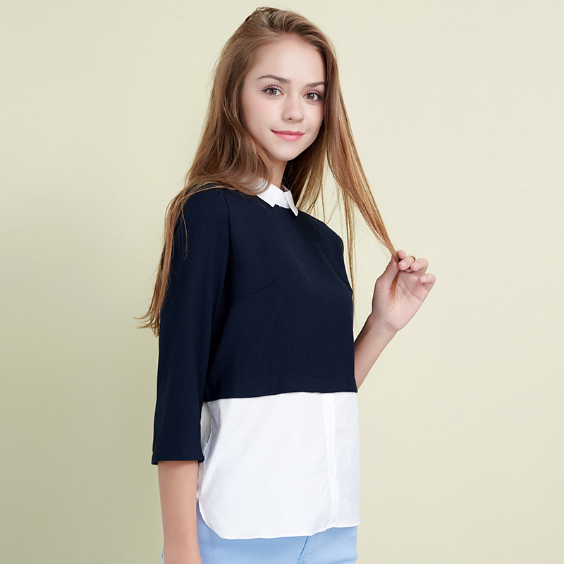 简朵春季新品修身百搭拼接七分袖 简朵T恤