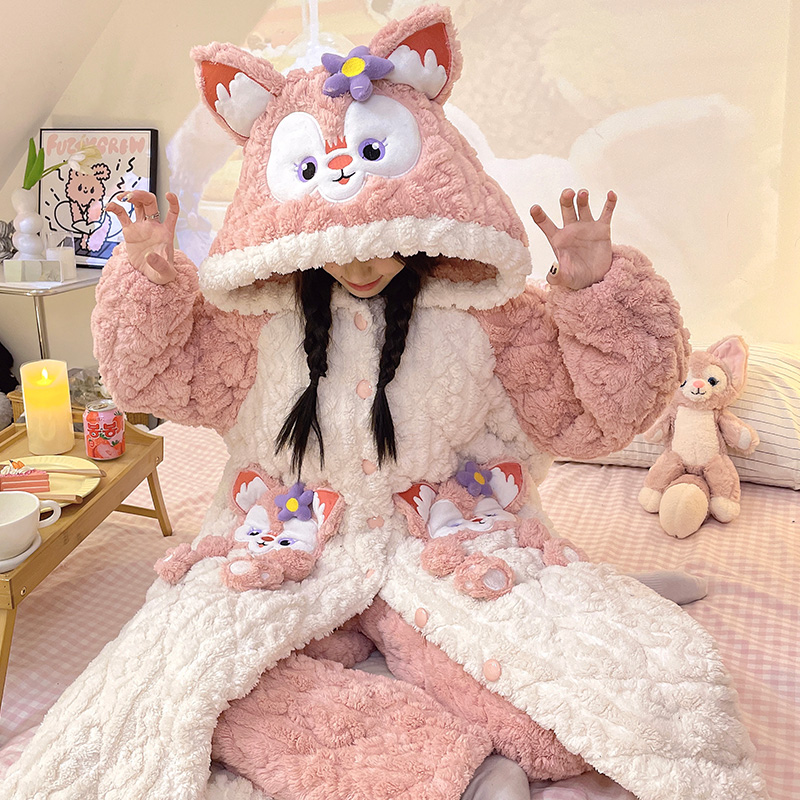 珊瑚绒三层夹棉睡衣女秋冬季加绒加厚连帽睡袍保暖浴袍家居服冬天 - 图1