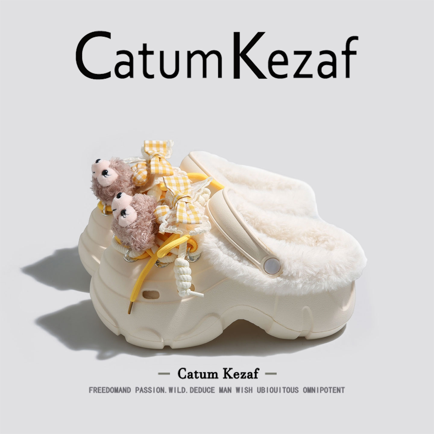 美国CatumKezaf加绒洞洞鞋女款2025新款冬季厚底毛毛鞋外穿棉拖鞋 - 图1