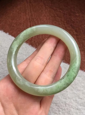 天然和田玉老料翠青晴水色翠青手镯双色女玉镯子带证书送礼带礼盒