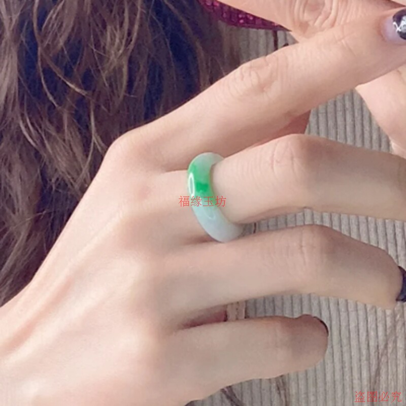 Boutique Burmese jade ring, ice seed floating flower ring, men's and women's white background Qingyang green jade ring jade ring bracelet