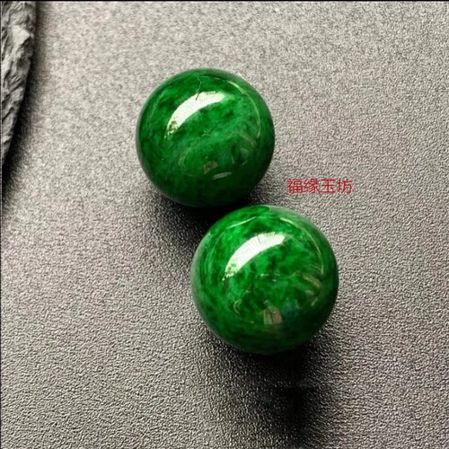 新品缅甸老坑翡翠干青珠子辣绿散珠花青色圆珠单颗玉石手串手链 - 图1