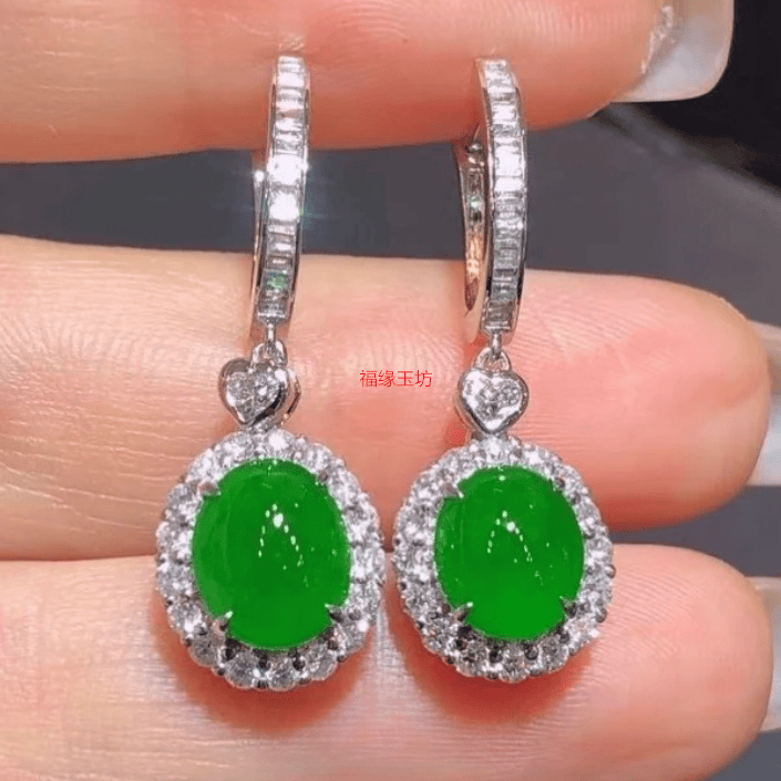 缅甸翡翠925银金镶嵌冰种阳绿蛋面耳坠女款玉石耳环耳饰耳钩时尚 - 图0