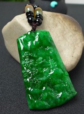 天然缅甸老坑翡翠干青吊坠满色