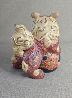 日本中古瓷器正品九谷烧狮子摆件九谷狮子茶室装饰