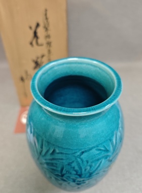 日本进口中古瓷器全新正品清水烧平安洛山作青瓷冰裂釉花瓶花器