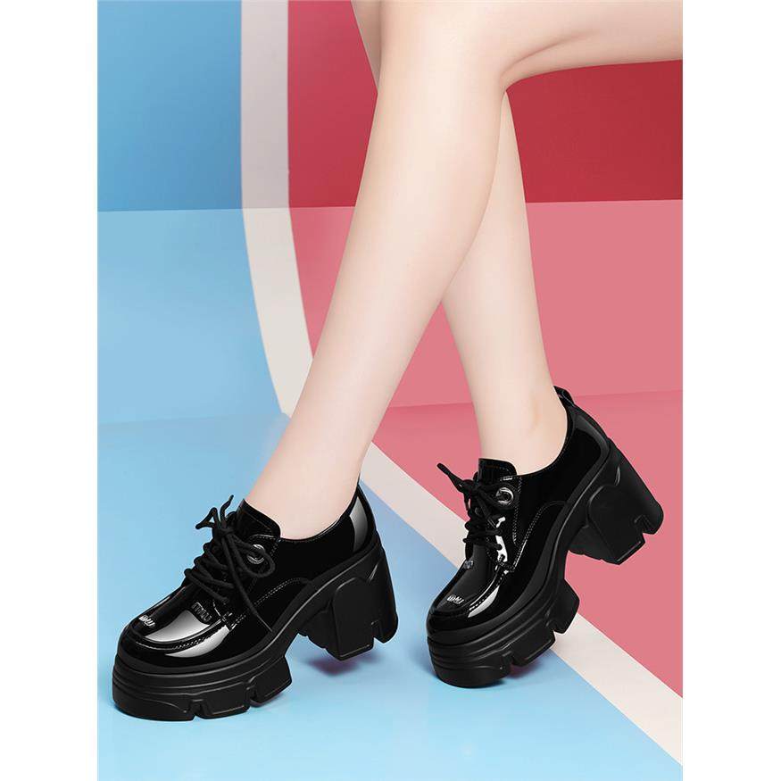 黑色漆皮女士鞋2025夏季街头厚底增高系带平底鞋英式风格大脚趾专,淘宝优惠券,粉丝福利购,淘宝优惠卷