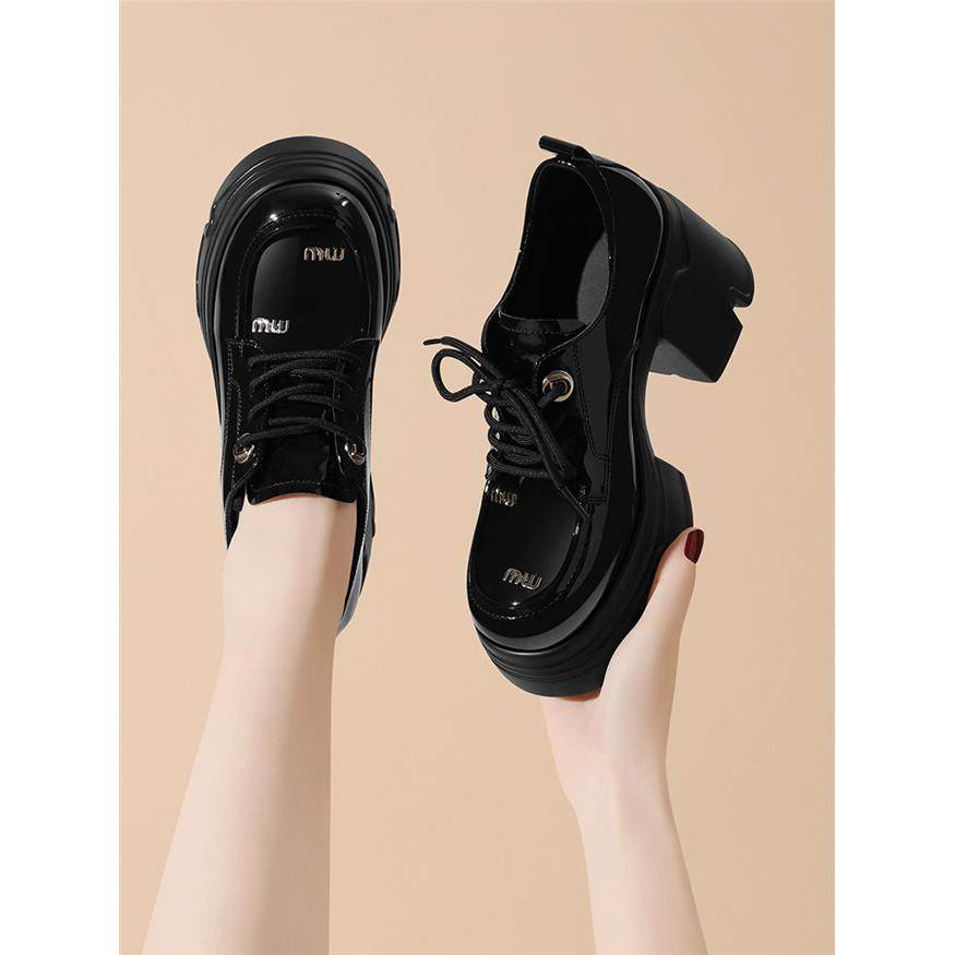 黑色漆皮女士鞋2025夏季街头厚底增高系带平底鞋英式风格大脚趾专,淘宝优惠券,粉丝福利购,淘宝优惠卷