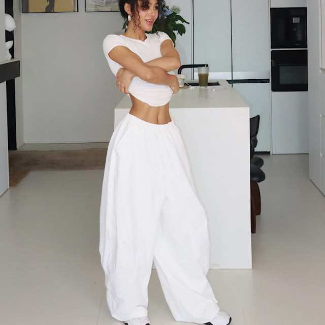 Akiyo studio ເອີຣົບແລະອາເມລິກາ retro ສູງ waisted loose scimitar pants elastic waist wide-leg pants banana pants ກາງເກງ