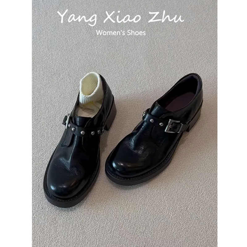 牛皮版~设计感铆钉皮带扣粗跟百搭单鞋女圆头减龄复古通勤小皮鞋 - 图1