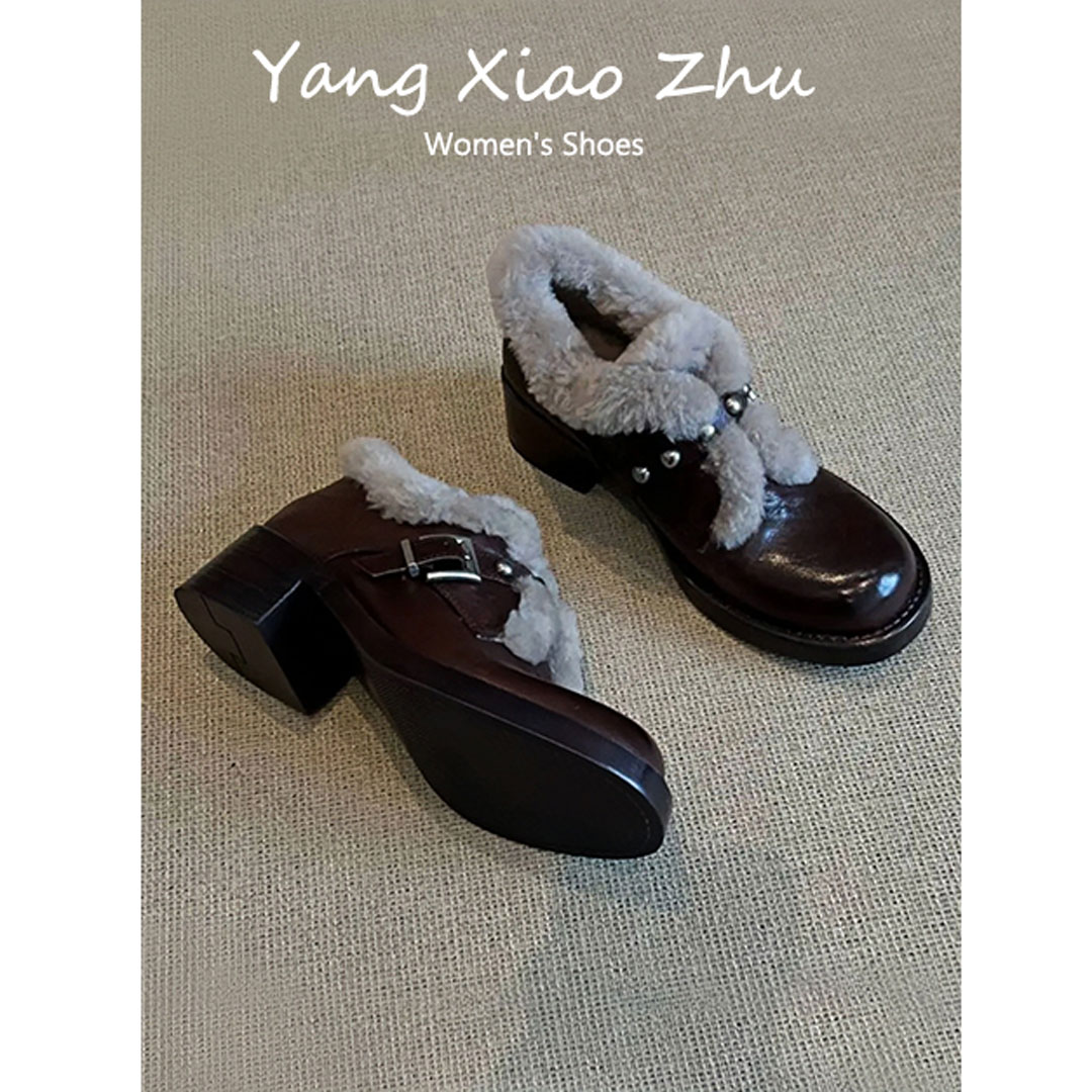 牛皮版~设计感铆钉皮带扣粗跟百搭单鞋女圆头减龄复古通勤小皮鞋 - 图3