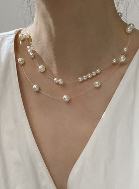 法式复古简约珍珠鱼线双层项链时尚潮流优雅气质冷淡风锁骨链女