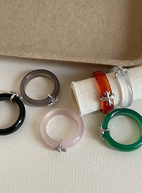 复古彩色天然石简约高级感戒指欧美轻奢时尚简约百搭素圈指环戒