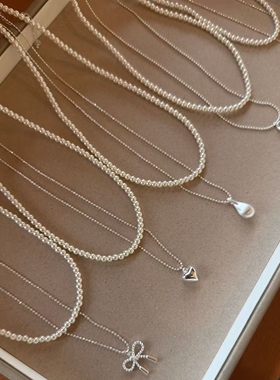 轻奢双层珍珠水滴豆豆蝴蝶结吊坠项链甜美百搭叠戴气质锁骨链女