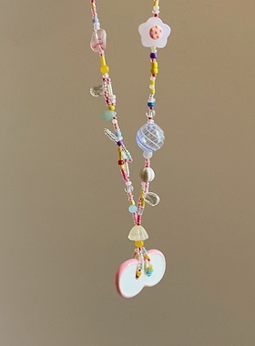 甜美彩色琉璃水晶串珠苹果项链小清新少女感时尚优雅颈链毛衣链