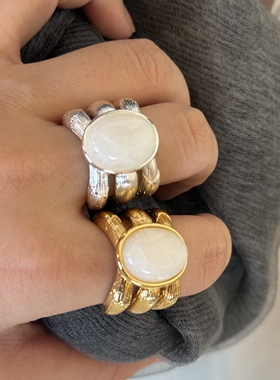 欧美跨境戒指天然白水晶开口戒指女金三层小众设计时尚轻奢指环