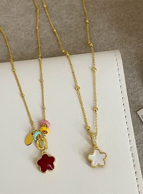 甜美红色滴油贝母双面花朵吊坠项链个性精致时尚高级感颈链毛衣链