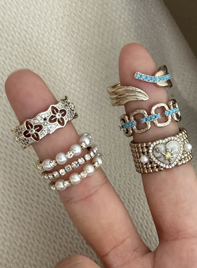 精美咖啡金铜微镶锆石戒指ins时尚爱心梅花珍珠多层设计感戒指女
