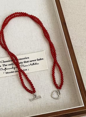 简约红色串珠双层爱心锁扣项链轻奢高级感气质潮流时尚颈链锁骨链