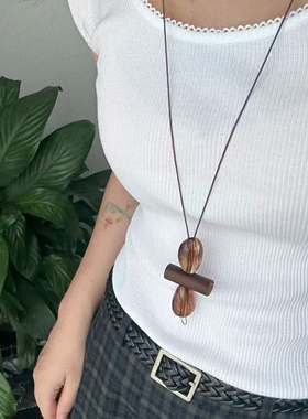 美拉德棕色晕染几何吊坠长款项链小众设计感毛衣链简约百搭配饰