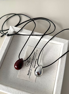 网红冷淡风黑绳钛钢链水滴吊坠项链时尚简约百搭个性长款毛衣链女