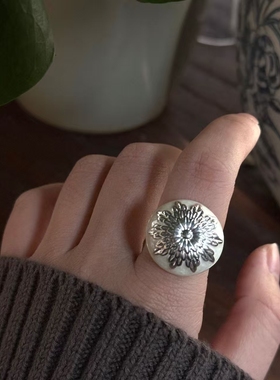 欧美金属感滴油雏菊印花圆形戒指法式复古简约气质高级感指环戒