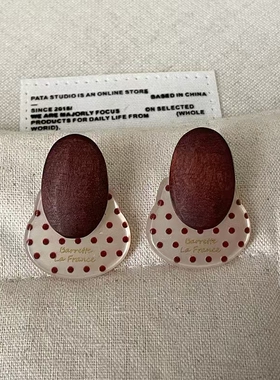 港风红色波点树脂爱心椭圆拼接原木耳钉女法式复古高级感耳环耳饰
