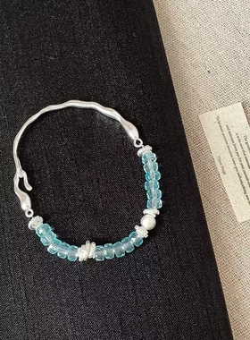 小清新百搭蓝色水晶串珠拼接手链轻奢时尚高级感潮流通勤手环手饰