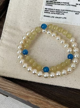 轻奢绿色猫眼石拼接珍珠长款串珠弹力绳手链复古潮流时尚手环手饰