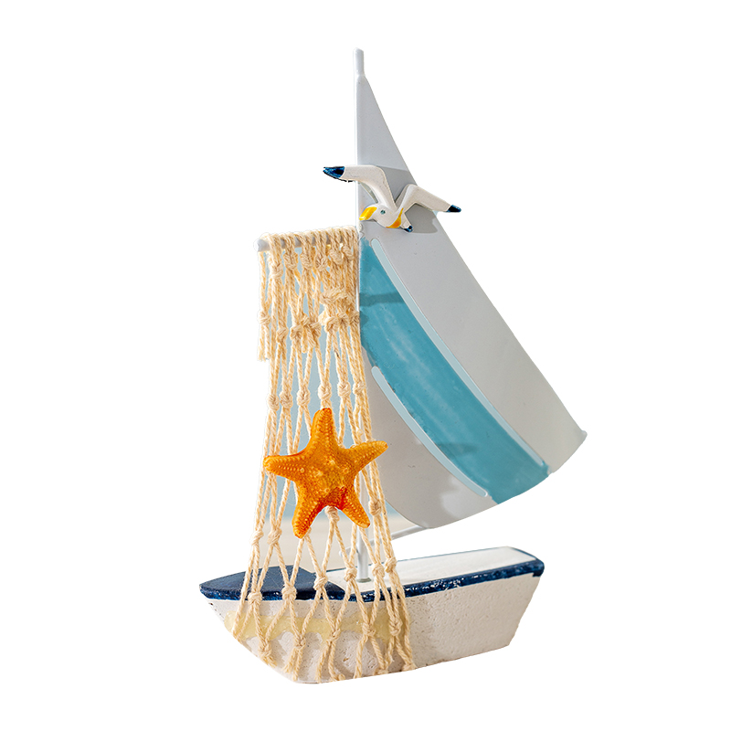 地中海帆船模型摆件木质做旧工艺船蓝白贝壳船家居装饰品礼品包邮 - 图3