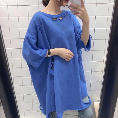 sunflower春夏季女装韩版ulzzang中长款破洞纯棉宽松大版短袖T恤 - 图0