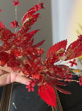 红色花朵水晶凝胶羽毛头饰新娘婚礼重工复古仙气发饰氛围减龄中式