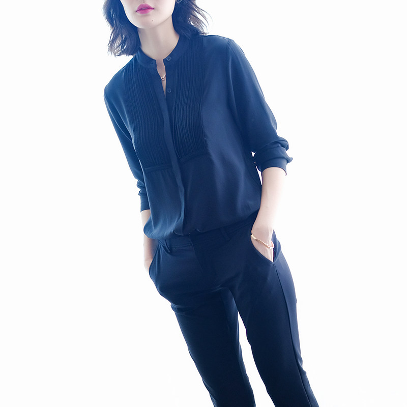 法式百褶立领黑色雪纺设计感衬衫 iumi衬衫