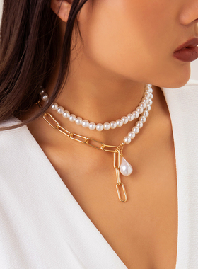 2件套不对称仿珍珠项链套装