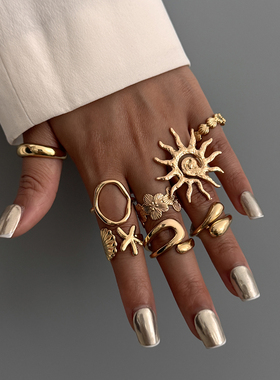 8件套镂空太阳开口戒指套装 欧美新潮嘻哈时尚网红写真拍照饰品酷