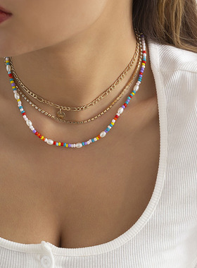 镶钻爪链彩色米珠链项链套装