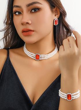 镶钻多层仿珍珠耳钉手链项链