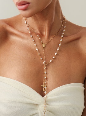 2件套金属混搭仿珍珠链项链套装欧美时尚性感Y形长坠搭配礼服饰品